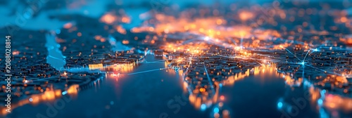 A futuristic digital map showing a cityscape with glowing lights and network connections highlighting urban infrastructure at night.