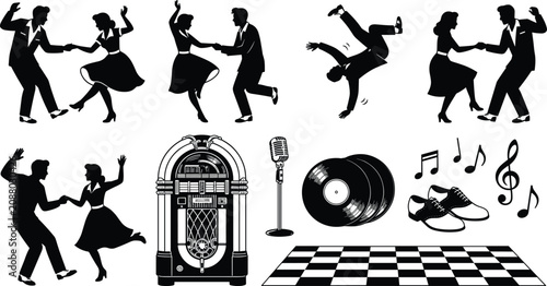 Billede på lærred Vintage Rock and Roll Dance Party Collection Featuring Swing Dancers Jukebox Vin