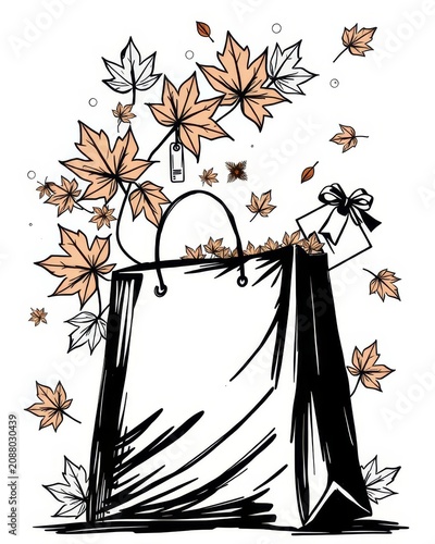 Autumn promotion with shopping bag, maple leaves and warm black ink palette — poster design