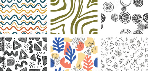 Abstract organic shapes and wavy lines in a vibrant retro pattern collection during daylight