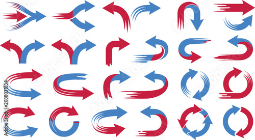 Collection of Red Blue Arrows Pointing Directions Against White Background With Motion Blur Effect
