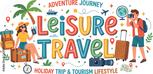 Colorful leisure travel lettering with people luggage and tropical elements during a holiday trip