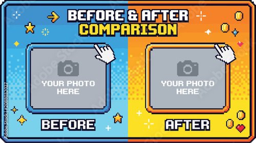 Pixel art comparison screen with before and after photo frames and cursors during digital transformation