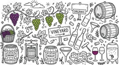 Vineyard elements in a charming doodle style with grapes barrels bottles and wine press for organic agriculture concepts