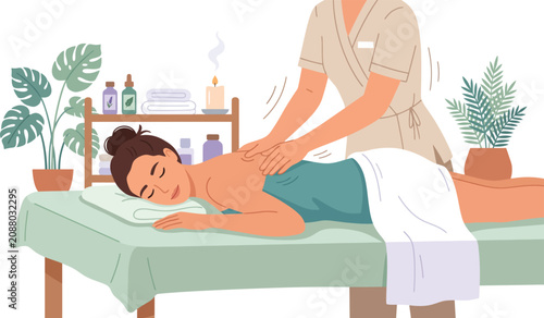 Woman receiving a relaxing back massage in a bright spa room with plants and oils