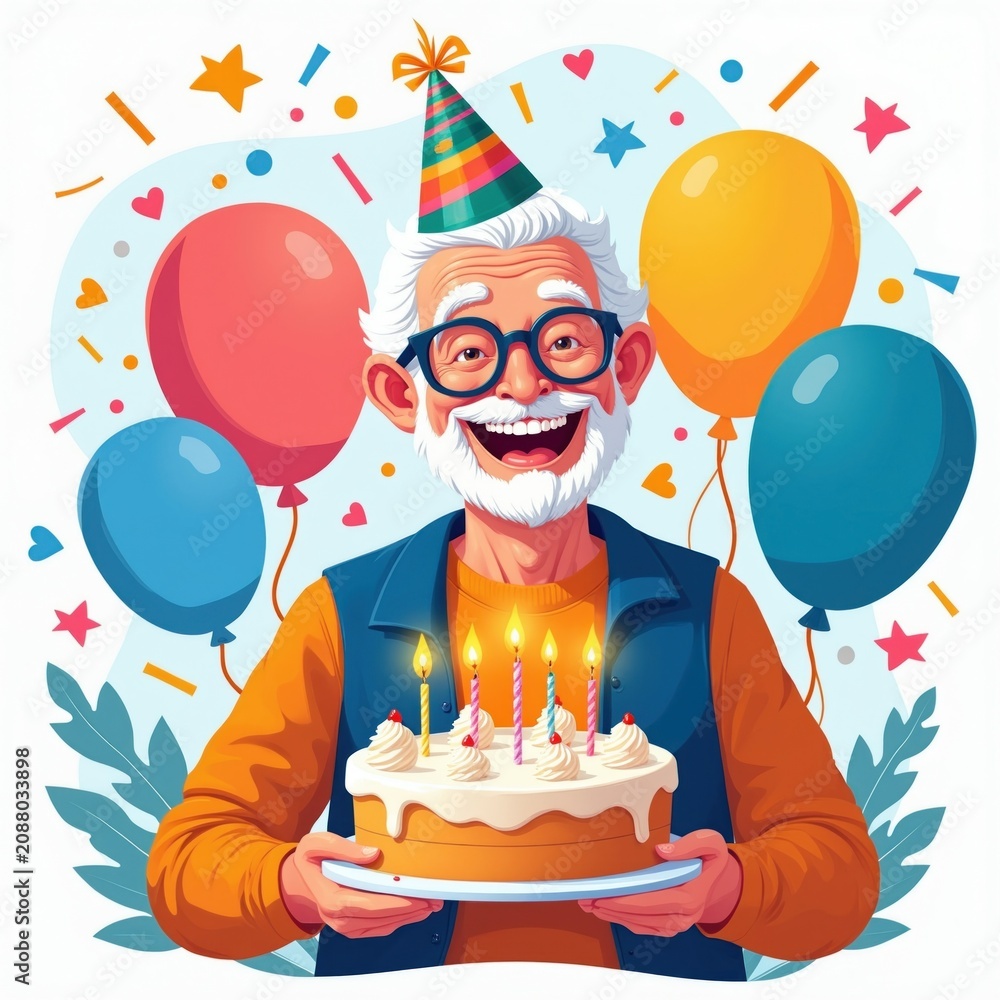 Fototapeta premium Smiling older man holds birthday cake with lit candles. He wears a party hat and glasses. Colorful balloons and confetti fill background. Festive event celebration.