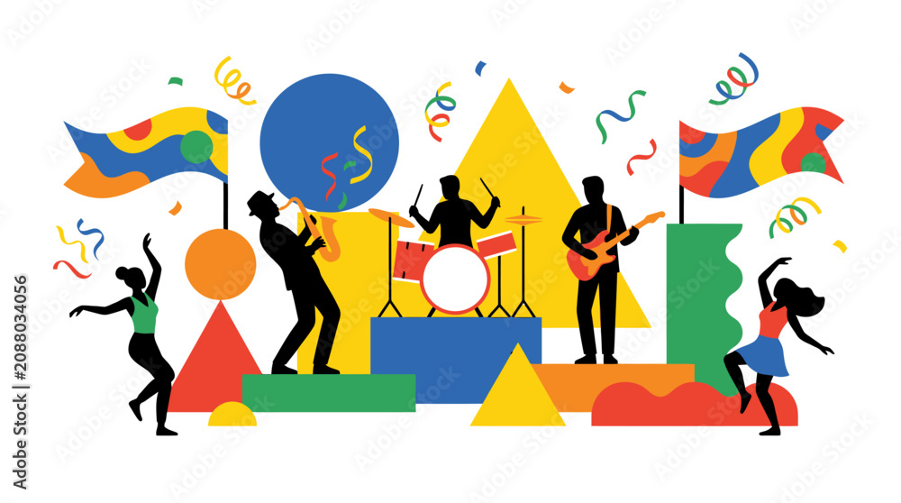 Fototapeta premium Silhouetted musicians and dancers celebrating with colorful geometric shapes and confetti.