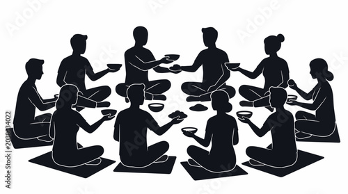 Black silhouette of a diverse group sitting in a circle sharing food from bowls on a white background, representing ancient tribal community gathering and social meal ritual.