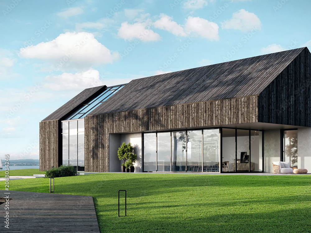 Obraz premium Modern luxury villa exterior in minimal scandinavian style, 3d render