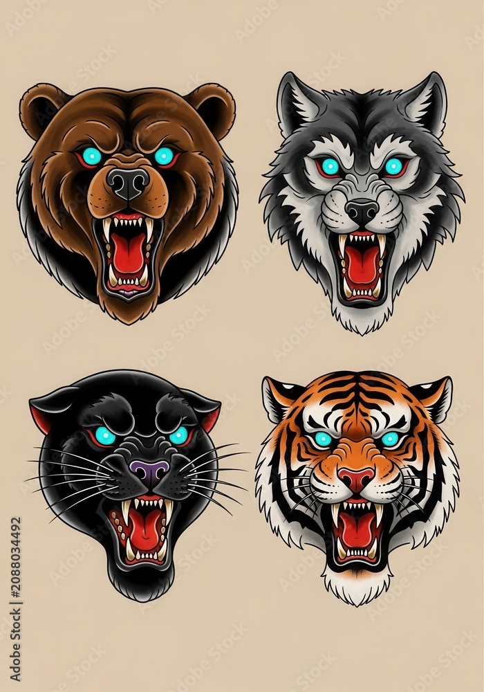 Fototapeta premium Set of Four Fierce Animal Head Illustrations in Traditional Tattoo Style: Bear, Wolf, Panther, and Tiger with Glowing Eyes