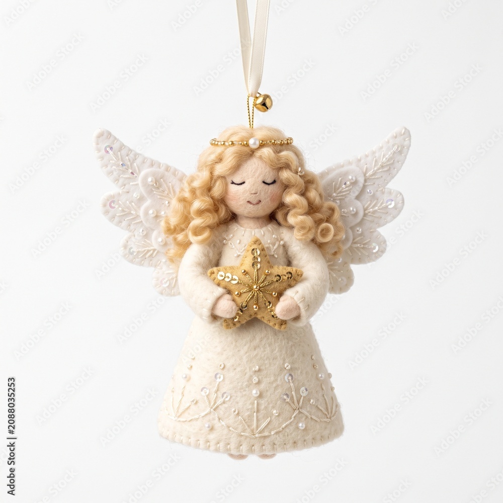 Fototapeta premium Handmade wool felt angel ornament in an ivory gown with layered wings isolated on a white background, serene handcrafted decoration