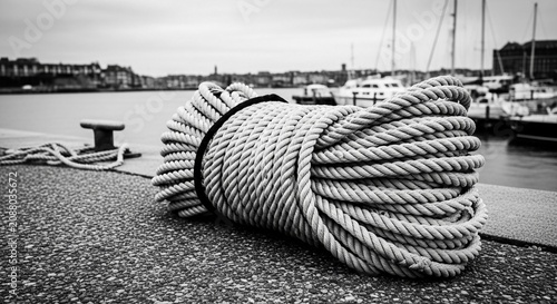 A thick, coiled rope rests on a textured surface with a blurred harbor and boats in the background.