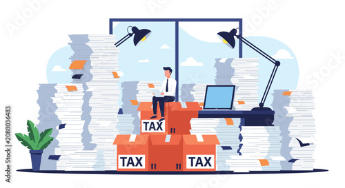 Stressed businessman sits atop large orange boxes labeled tax while surrounded by massive stacks of paperwork in a bright office.