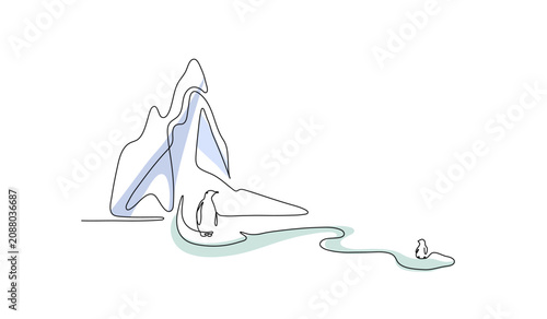 Continuous line drawing of penguins separated by melting ice. A hand drawn vector concept for environmental protection and global warming awareness