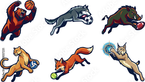 Foto Sport Animal Mascot Collection Featuring Bear Wolf Boar Cougar Fox and Lynx Play