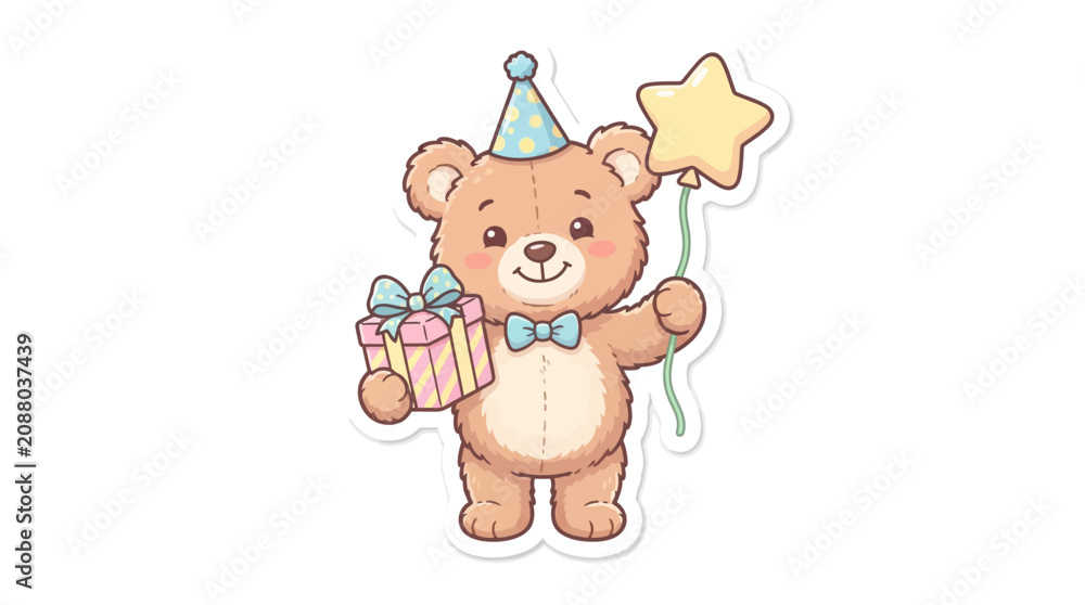 Obraz premium A cute cartoon brown bear wearing a blue party hat and bow tie, holding a wrapped gift and a star-shaped balloon on a string, smiling happily on a white background in a whimsical watercolor 
