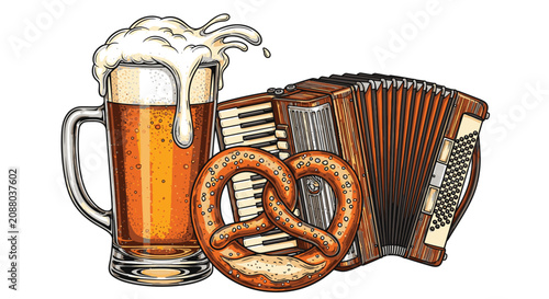 Obraz na płótnie Beer mug with pretzel and accordion 1.