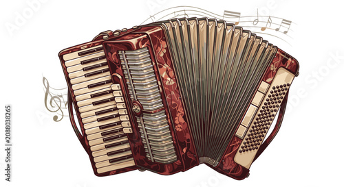 Bild auf Leinwand Vintage Red and White Accordion Instrument.