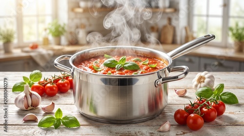 Homemade bubbling tomato sauce in a pot with fresh basil and ripe ingredients on a rustic kitchen table.