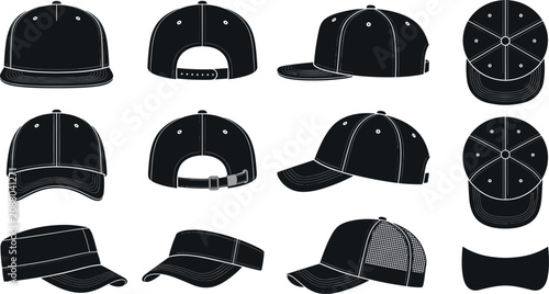 Cuadro en lienzo Black Baseball Cap and Snapback Hat Vector Template Set with Front, Back, Side,