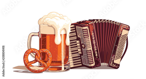 Fotografie Beer Pretzels and Accordion Instrument.