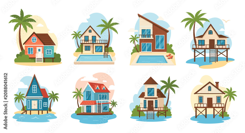 Fototapeta premium Beautiful collection of tropical and coastal house designs including beach huts on stilts, modern villas with pools, and cozy cottages.