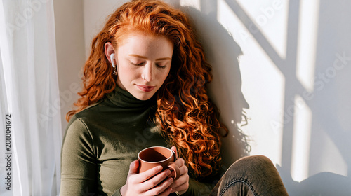 Warm sunbeams dance on a young woman's curls as she savors a quiet moment with her favorite drink