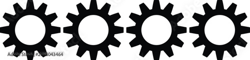 Industrial gear wheel icon set with four black interlocking cogwheels in horizontal row isolated vector design style.