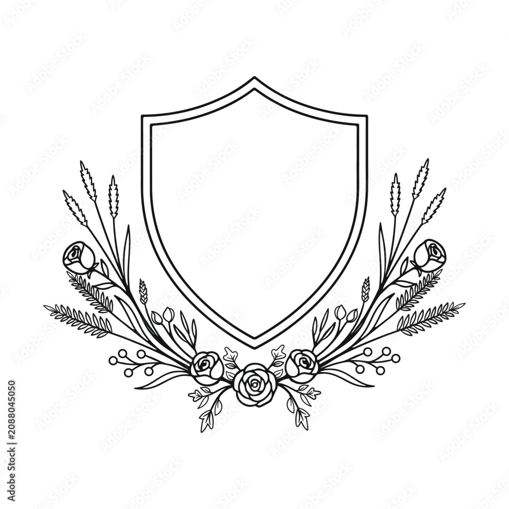 Fototapeta premium Heraldic Shield Crest Line Art Vector Frame Decorated With Elegant Botanical Floral Bouquet Base