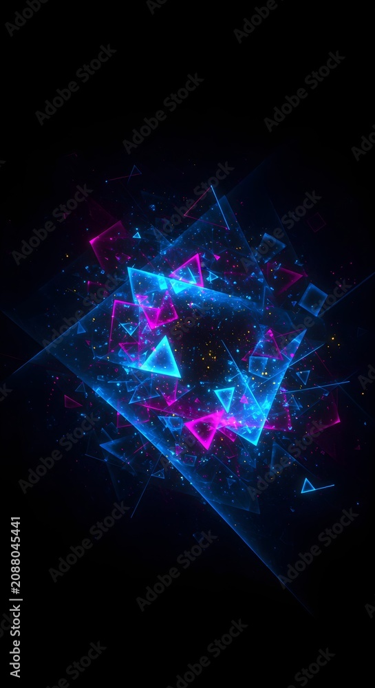 Obraz premium Abstract background with glowing blue and pink triangles in y2k retro neon style. Geometric digital pattern for futuristic design, wallpaper, poster, banner and computer graphic art.