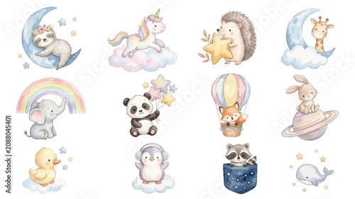 Cute watercolor nursery animals with celestial fantasy theme in soft pastel colors. Collection of Vector illustrations for invitation, card, poster, banner, decoration
