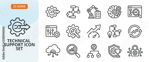 Technical support icon set, outline style vector icons for it help desk, troubleshooting, system optimization, and ai solutions