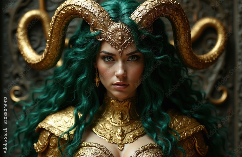 Obraz premium Beautiful young woman with long green hair wears golden ram horns crown, ornate armor. Mythological goddess character stands in dark room. Fantasy portrait of sorceress looks at camera. Elegant queen