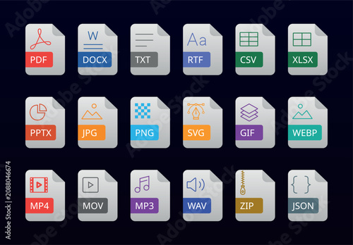 Canvastavla Light File Format Icons with Color Accents on Dark Background Modern Document Ex