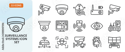 Surveillance systems icon set, security camera, cctv, video monitoring, smart home protection, facial recognition, alarm, vector line icons