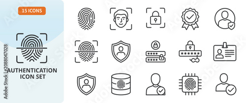 Authentication icon set, security and identity verification vector symbols biometric fingerprint scan, face recognition, password protection, and user account safety line icons