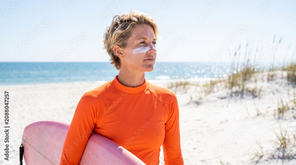 Fototapeta premium Woman surfer with sunscreen cream on face holding surfboard on beach. Summer vacation, sun protection and skincare concept for active lifestyle.