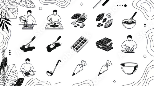 Foto Collection of Chocolate Making and Pastry Tools Illustrations.