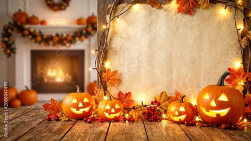 Halloween Background with Glowing Jack-o'-Lanterns and Blank Rustic Wooden Sign for Copy Space