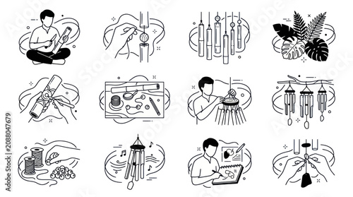 Canvastavla Collection of Hand-Drawn Icons Depicting Various Aspects of Wind Chime Crafting and Enjoyment
