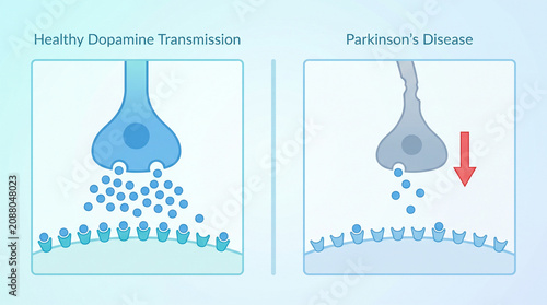 Parkinson's Disease and Healthy Dopamine Transmission Educational Diagram
