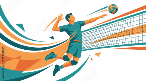 Volleyball Player Spiking Ball Over Net Dynamic Action Illustration