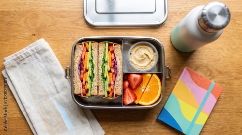 Fotografie Vegetable sandwich lunch box with fruit and hummus sandwich vegetables