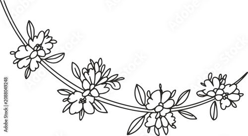 Photos 湾曲した蔓の枝に繊細な花と葉を配したシンプルな手書きの花のガーランド