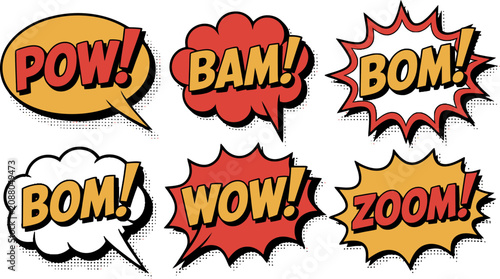 Comic Book Sound Effects: A vibrant collection of comic book style speech bubbles and action words like POW!, BAM!, BOM!, WOW!, and ZOOM! explode with energy.