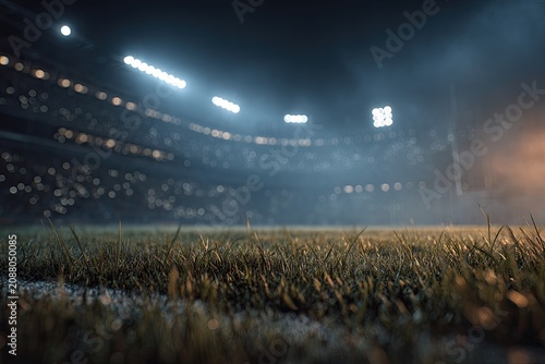 Low angle shot of stadium field at night, with lights and blurry background of spectators