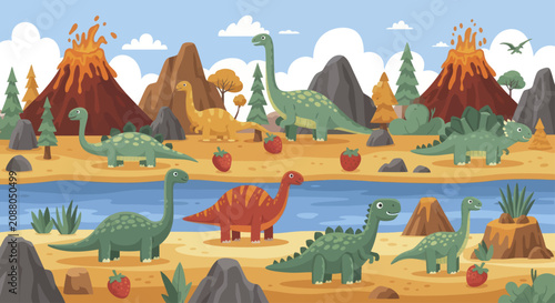 Obraz na plátně Various Dinosaurs Roaming Prehistoric Landscape with Volcanoes and Lush Vegetation