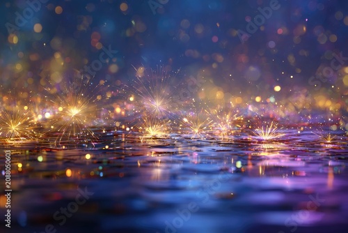 Abstract representation of sparkling lights reflecting on a rippling surface at dusk