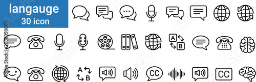 Fotografie Language communication icons set featuring speech bubbles translation globe microphone telephone books and audio settings for global educational apps