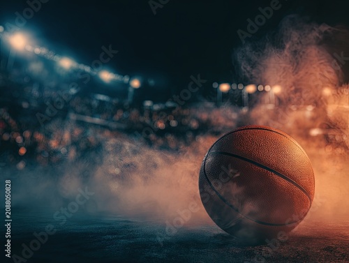 A basketball sits on court, shrouded in smoke, with blurred stadium lights and crowd visible